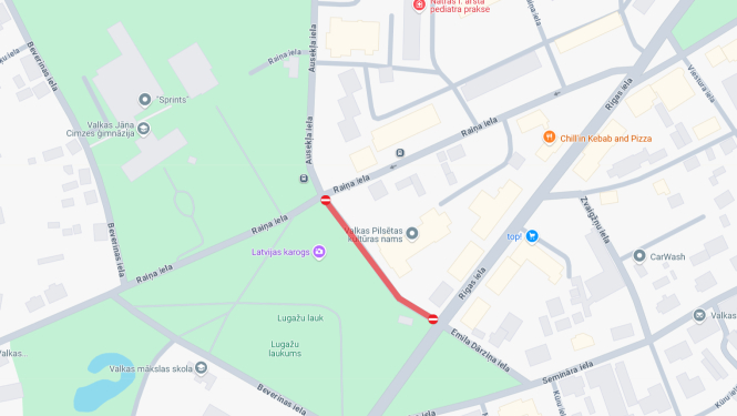 Karte ar iezīmētu slēgto ceļa posmu