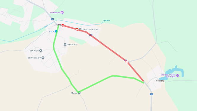 Karte ar iezīmētiem ceļu posmiem
