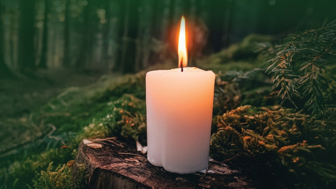 Iedegta svecīte uz zaļa fona