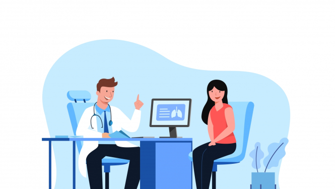 Smaidošs ārsts konsultē pacientu