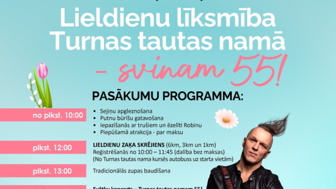 Afiša ar rokmūziķi un krāsainām Lieldienu olām ar baltu zaķīti