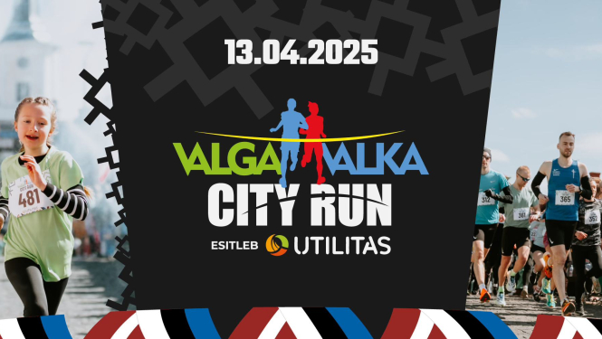 Dinamiska pilsētas maratona ilustrācija, kurā piedalās daudzveidīga visu vecumu skrējēju grupa. Priekšplānā redzama jauna meitene ar apņēmīgu sejas izteiksmi. Fons ir piepildīts ar citiem dalībniekiem.