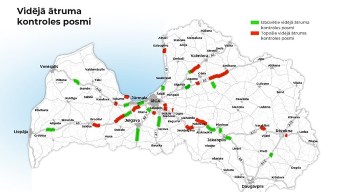 Latvijas karte ar iezīmētiem vidējā ātruma kontroles ceļa posmiem