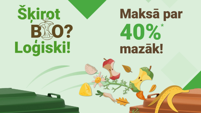 Zaļš baneris ar zaļu un brūnu atkritumu konteineriem