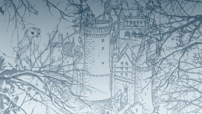 Viduslaiku pils zīmējums ziemīgās krāsās