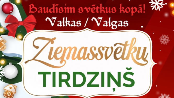 Izrotāta Ziemassvētku eglīte uz sarkana fona