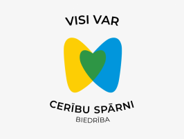Stilizēts spārnusiluets ar dzeltenu un zilu, kas vidū veido zaļu sirsniņu