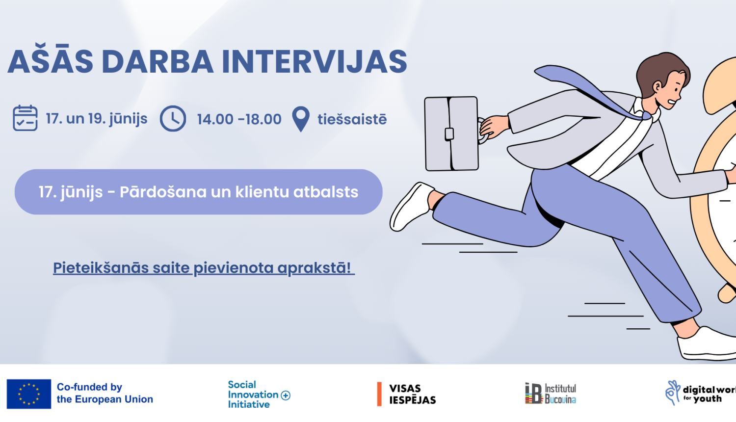 Ilustrācija ar jaunieti, kas skrien uz darbu