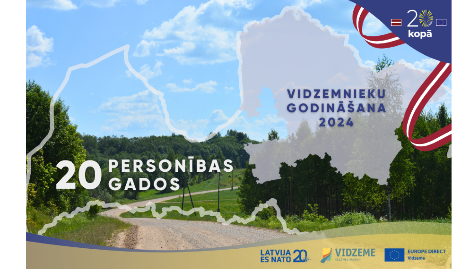 Ceļš ar mežu fonā un Latvijas kontūra ar izceltu Vidzemes reģionu