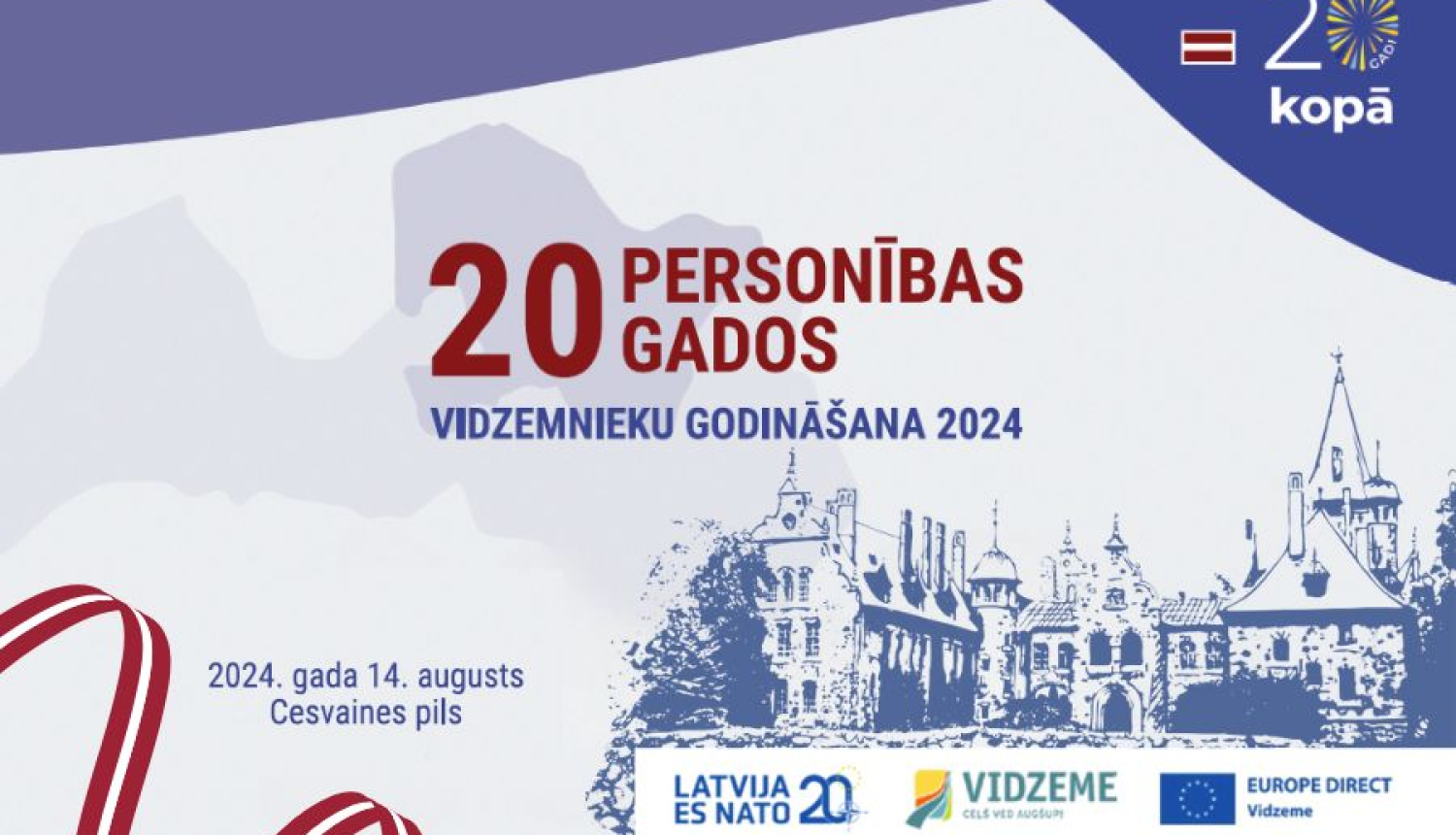 Zilganbalts baneris ar pils zīmējumu