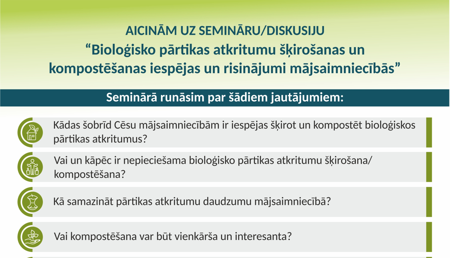 Cēsīs norisināsies seminārs/diskusija “Bioloģiski noārdāmo atkritumu šķirošanas un kompostēšanas iespējas un risinājumi mājsaimniecībās”