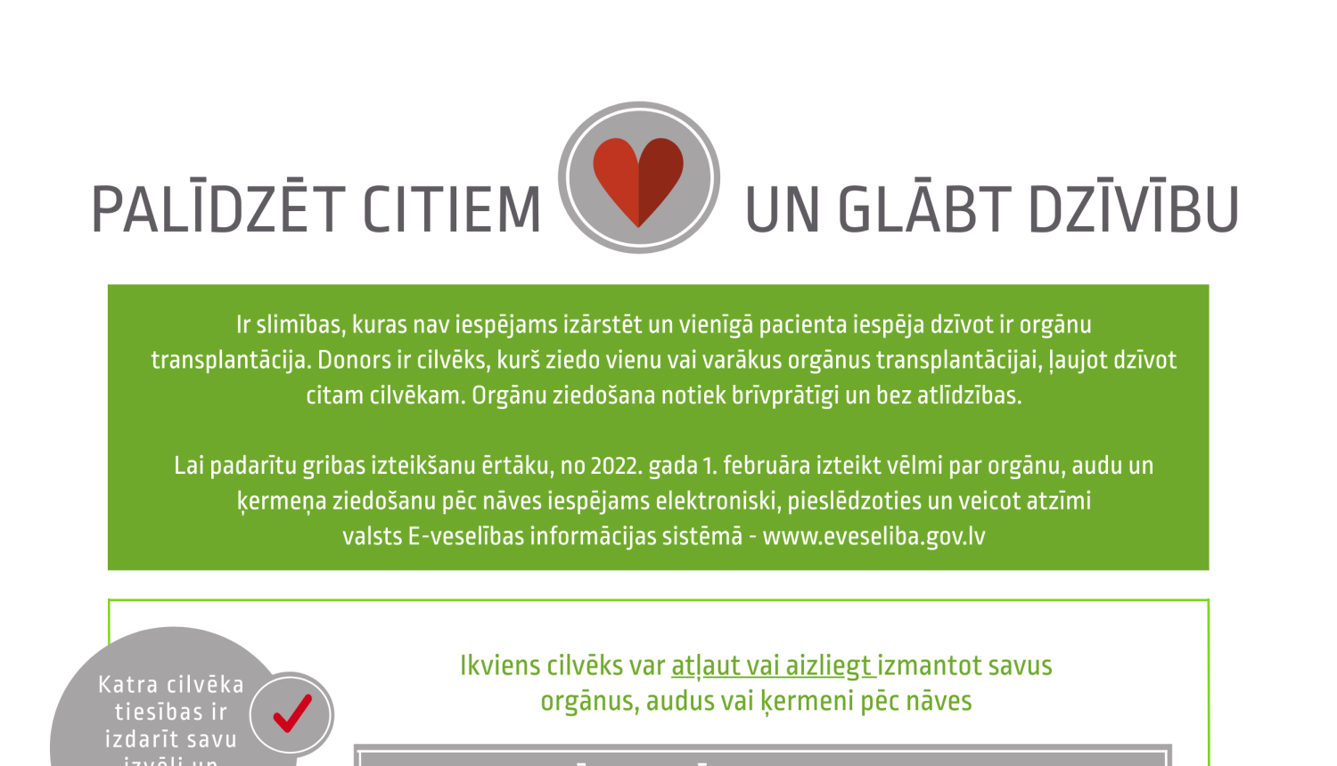 E-veselības sistēmā var veikt atzīmi par orgānu ziedošanu pēc nāves