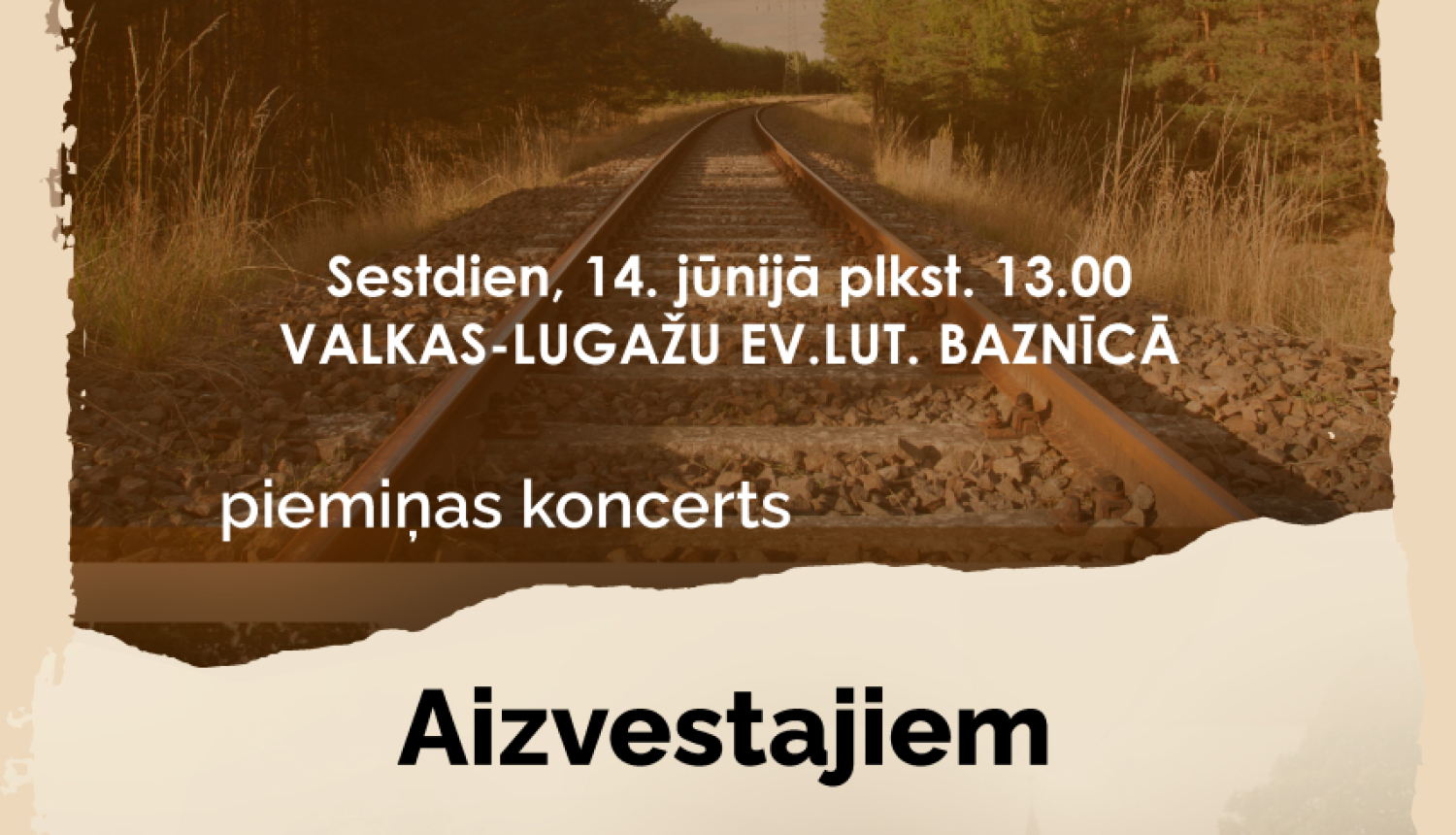 Afiša ar fotogrāfiju sēpijas tonī ar dzelzceļa sliedēm