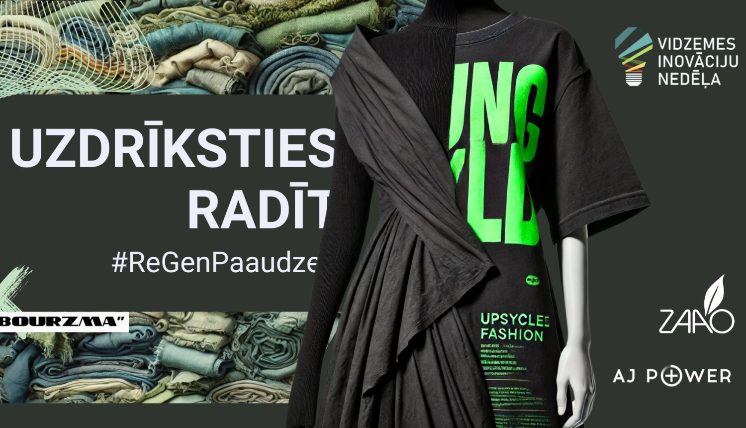 Fonā abstraktas testila faktūras, priekšplānā cilvēks ar radošu melnu T-kreklu ar neona zaļu uzrakstu