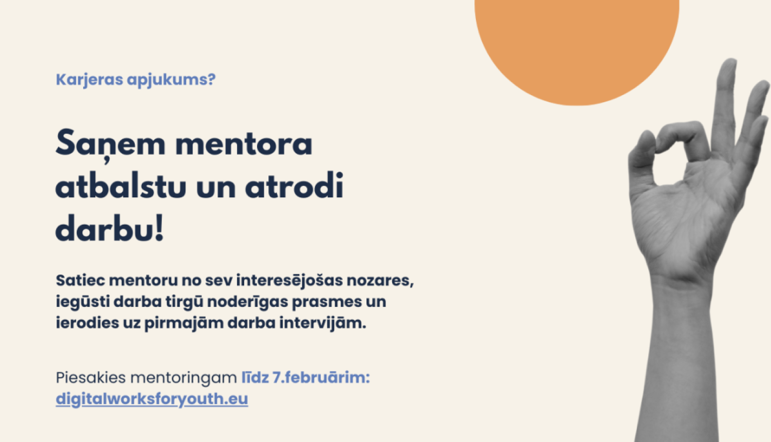 Tekkts uz gaiša fonu un cilvēka roka, kas ar prikstiem rāda "Labi"