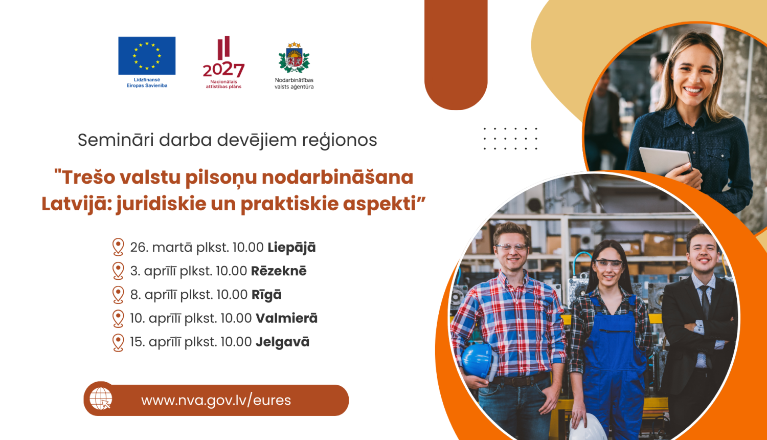 Afiša ar semināru laikiem un smaidīgu cilvēku fotogrāfijām