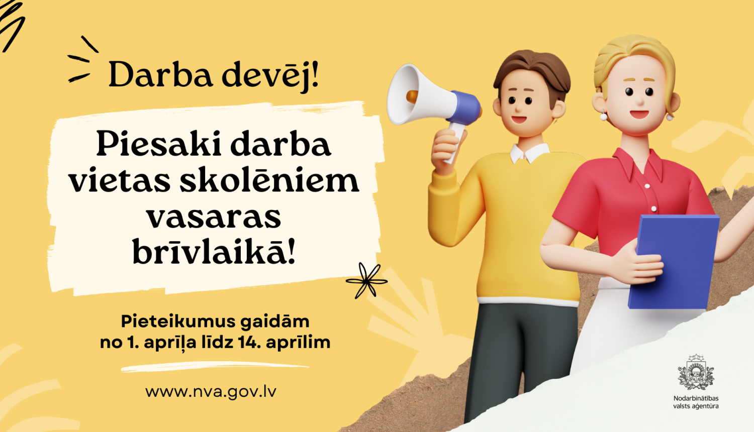 Stilizēti cilvēki ar ruporu aicina darba devējus pieteikt darba vietas skolēniem vasarā