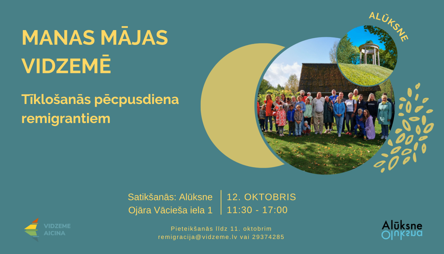 Zaļš baneris ar virsrakstu un pasākuma datumu un laiku