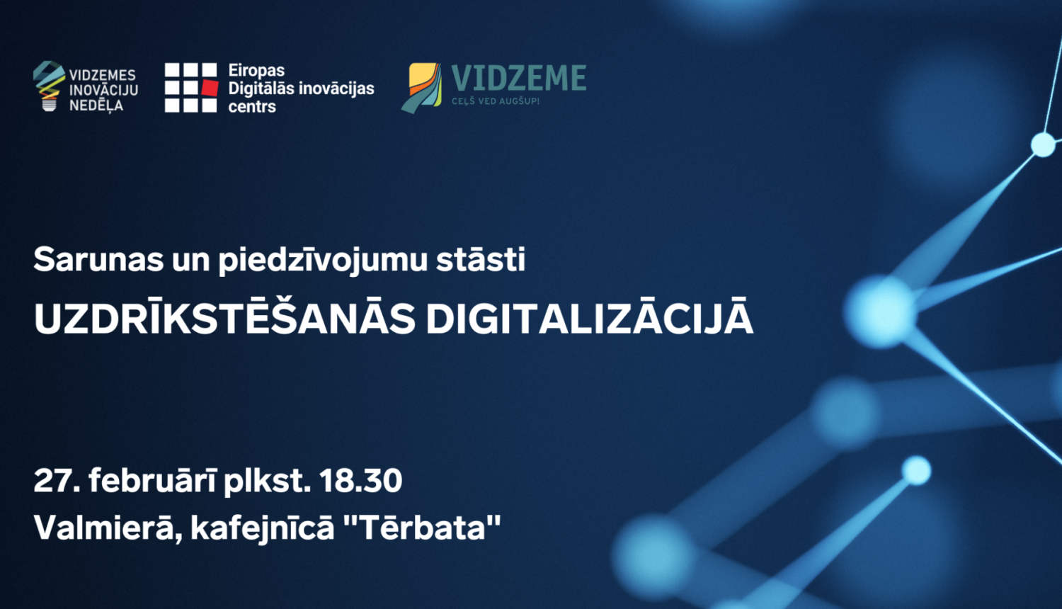 Zils fons ar uzrakstu un projekta logo