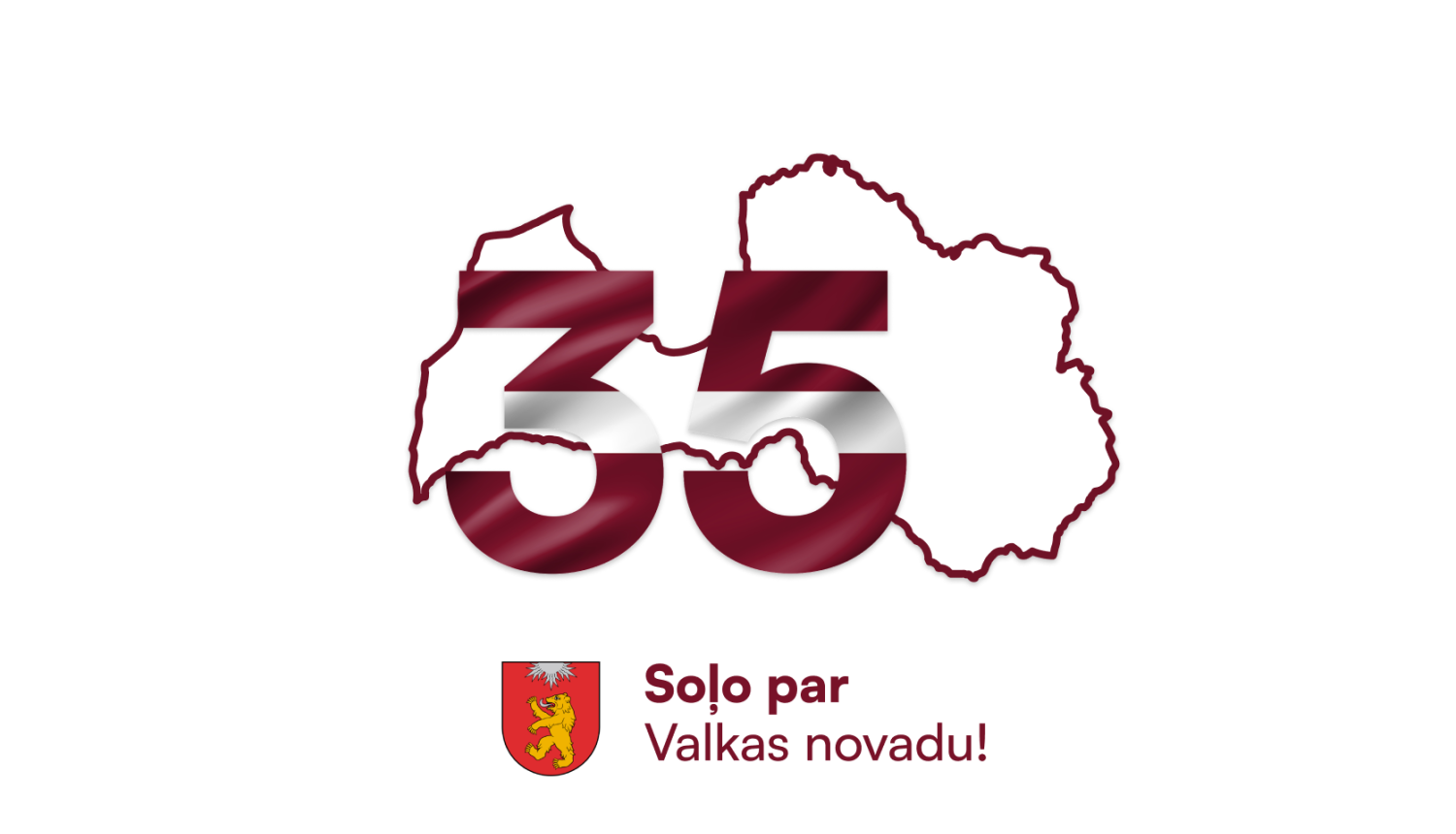Latvijas valsts kontūra un lieli skaitļi "35" sarkanbaltsarkanā krāsā