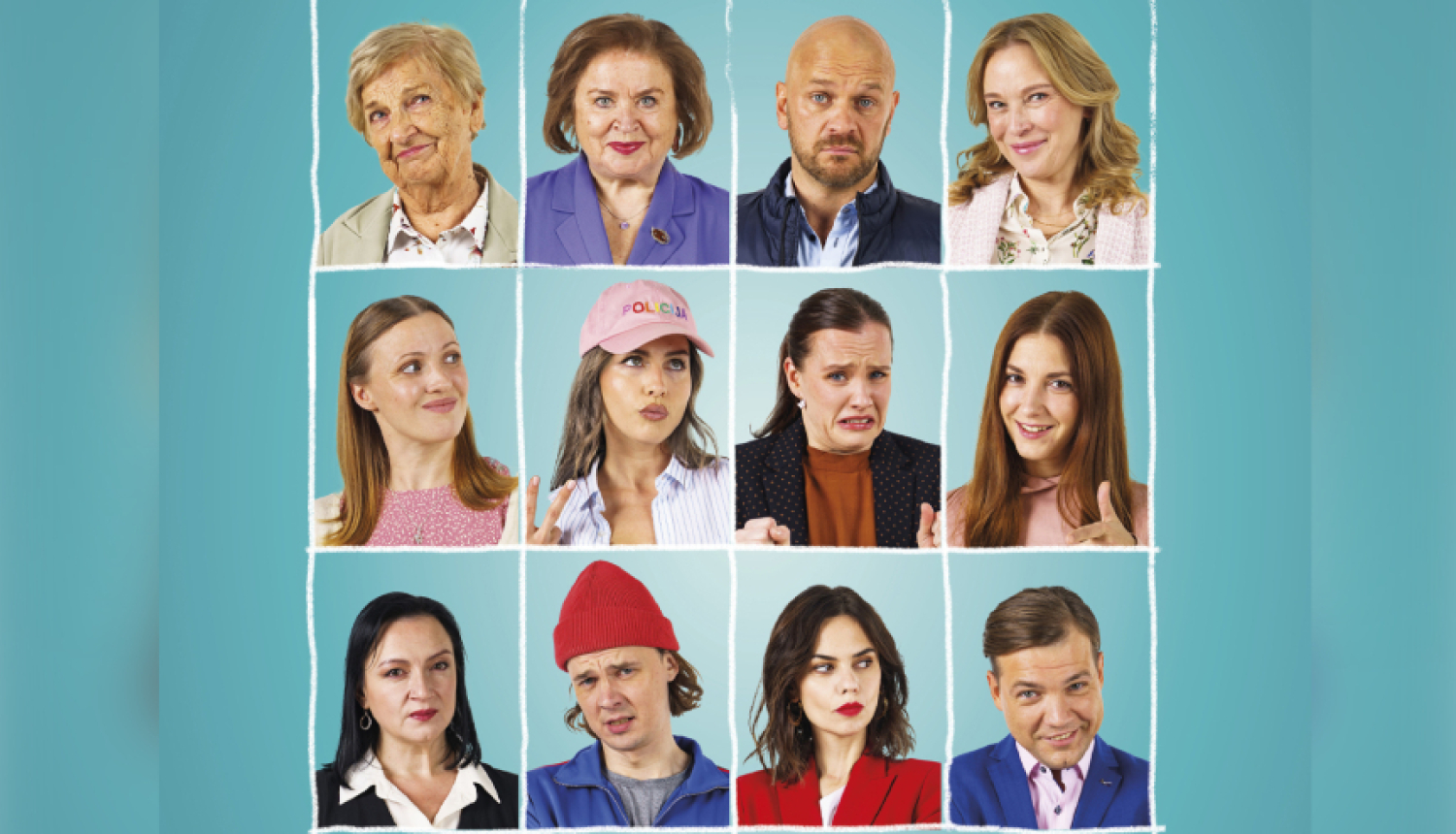 Divpadsmit cilvēku portreti uz zilganzaļa fona.