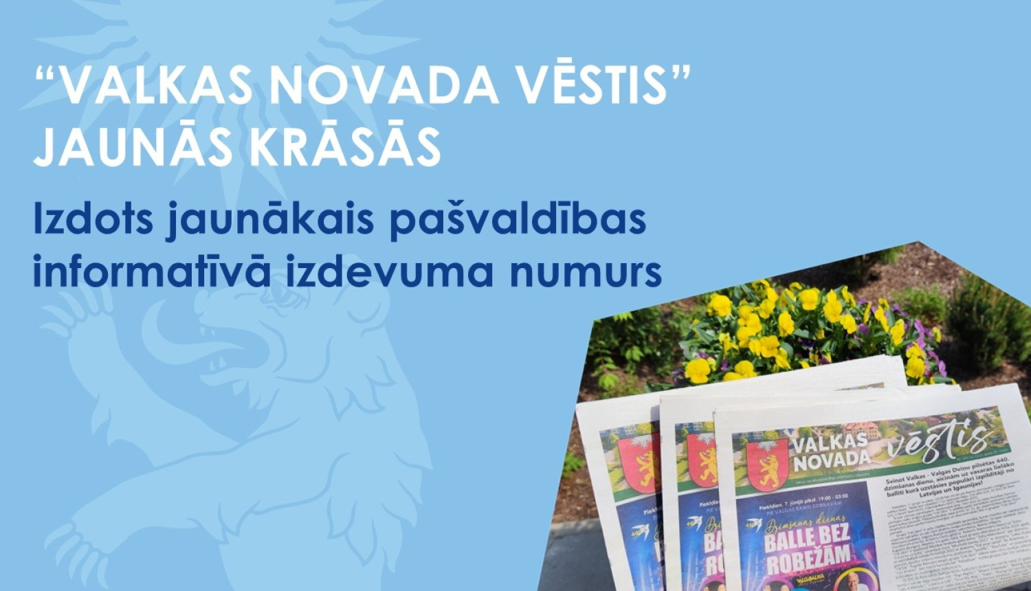 Zils baneris ar bildi, kurā redzamas dzeltenes puķes un krāsains avīzes primais vāks