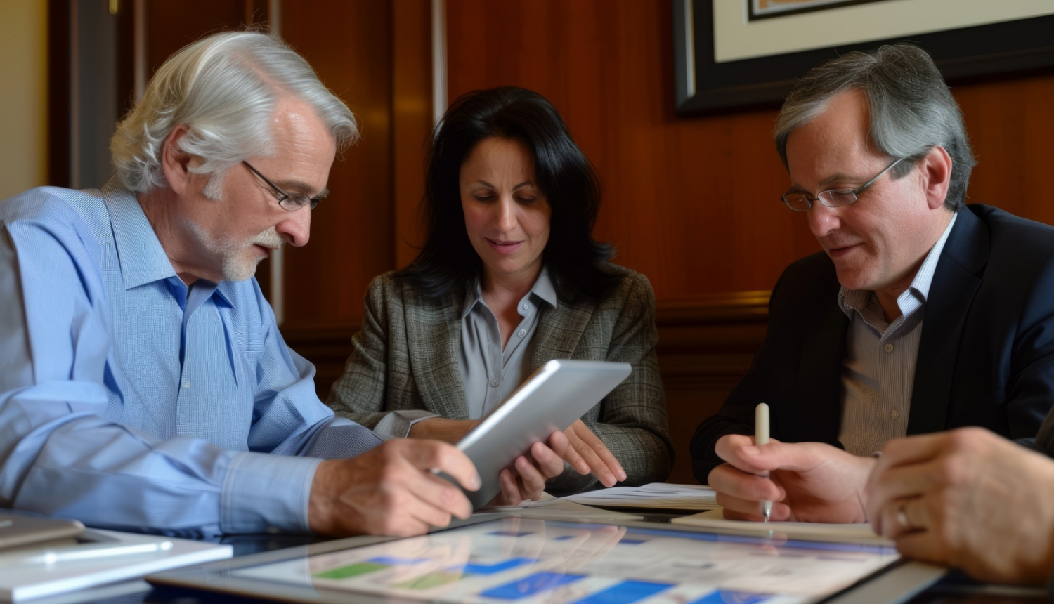 Trīs cilvēki sēž pie galda un skatās finanšu tabulās