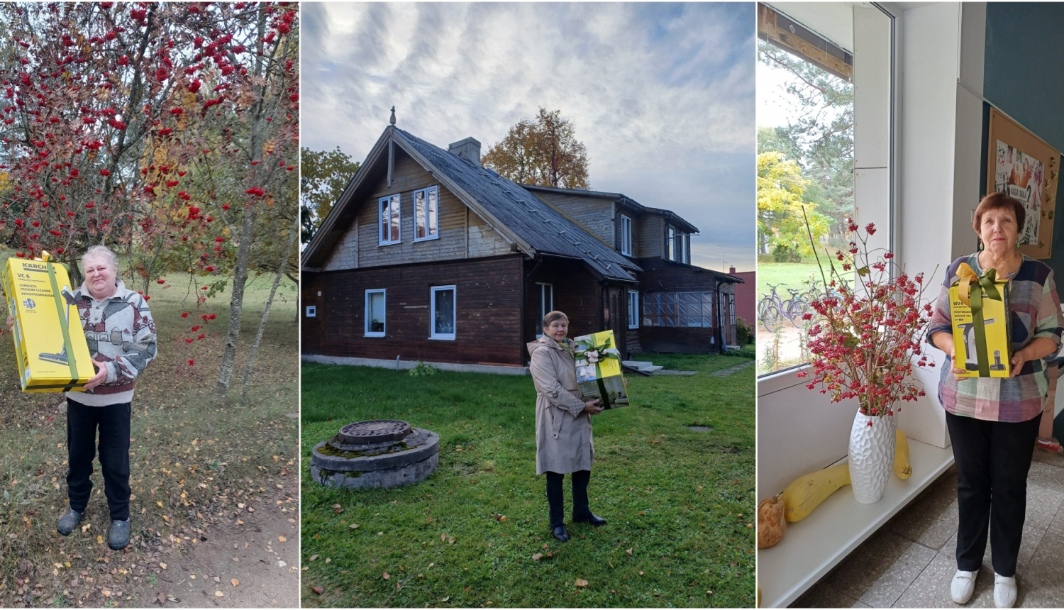 Trīs bildes ar sievietēm, kas rokās tur akcijā laimētās balvas