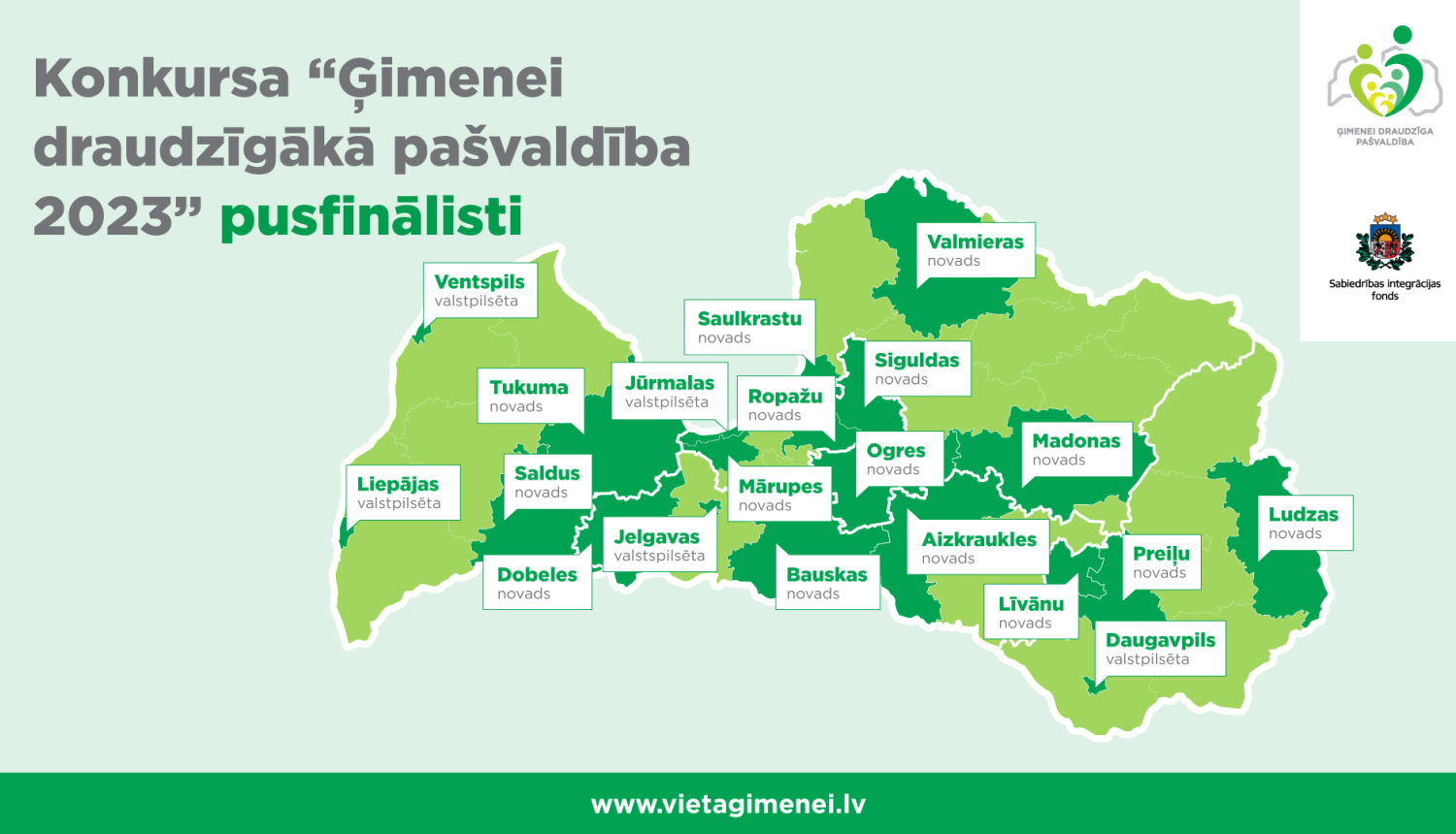 Latvijas karte ar pašvaldībām, kas izvirzītas konkursa pusfinālā