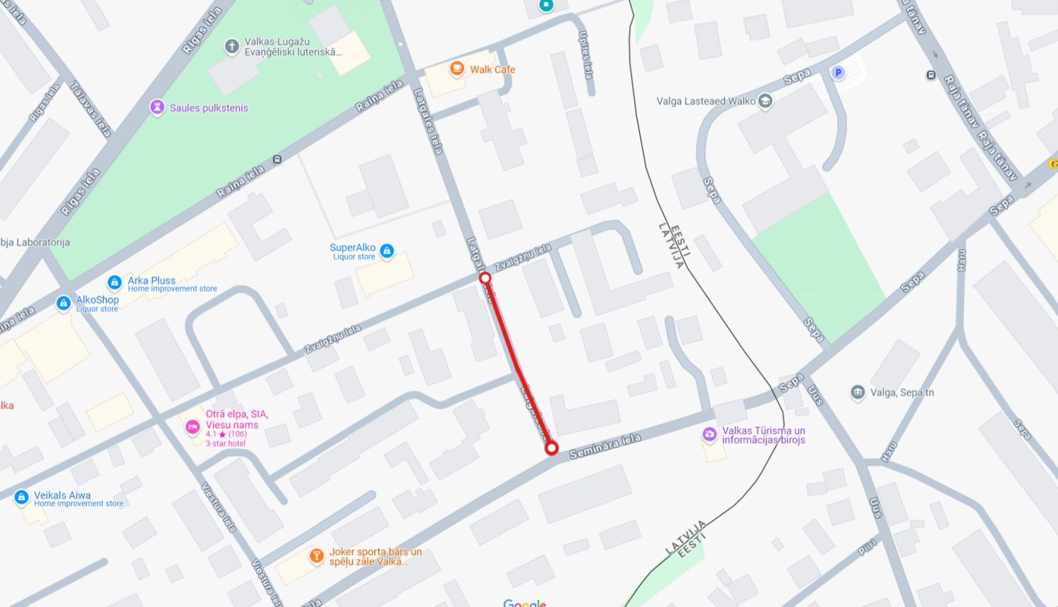Valkas pilsētas karte ar iezīmētu ceļa posmu