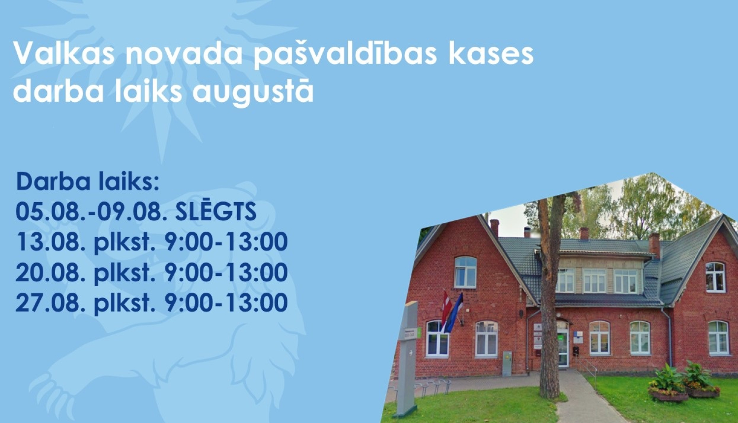 Zils baneris ar bildi, kurā redzama sarkana divstāvu ēka