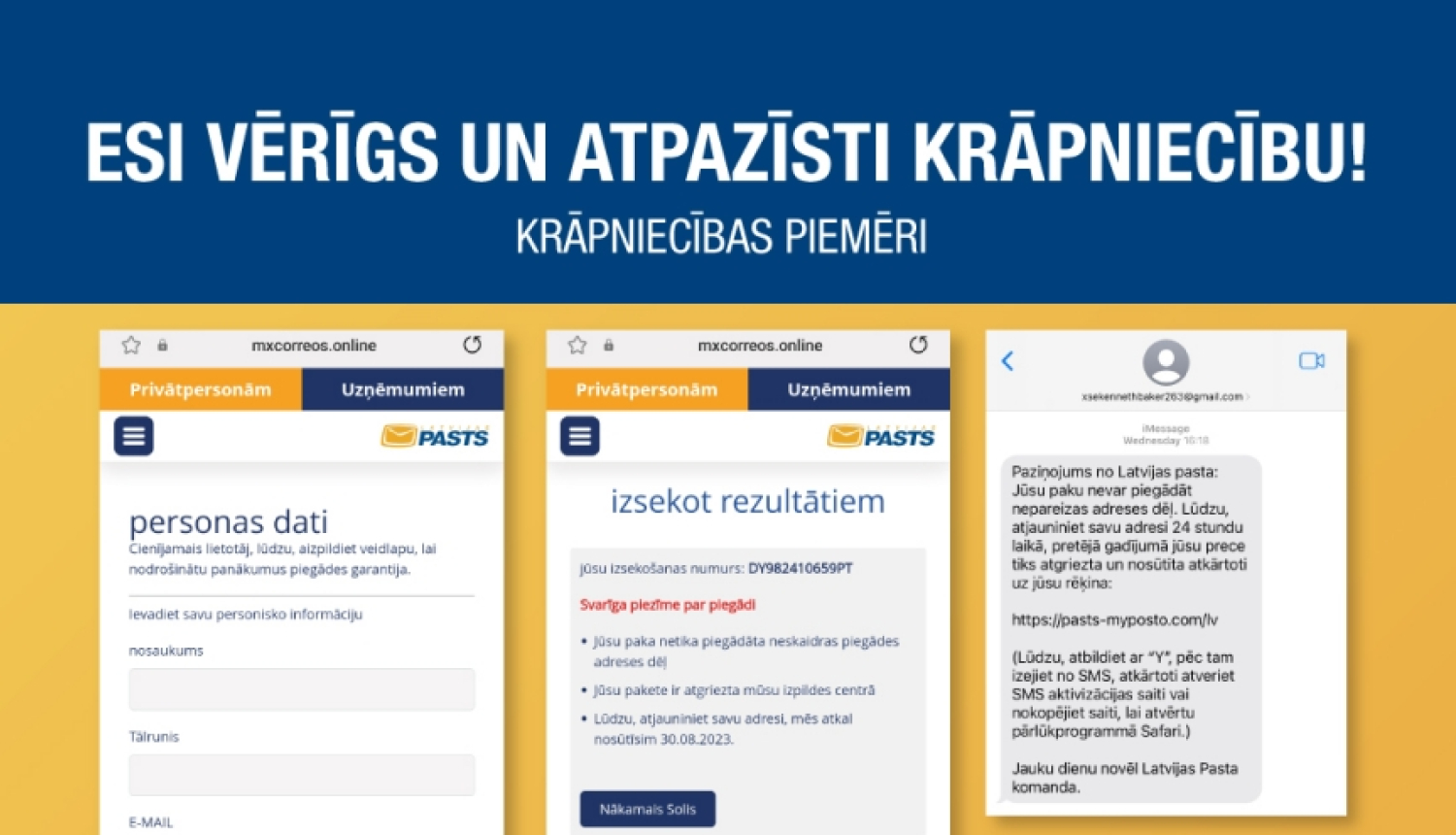 Zila un dzeltena inforgrafika ar krāpniecības piemēriem (SMS, e-pasti)