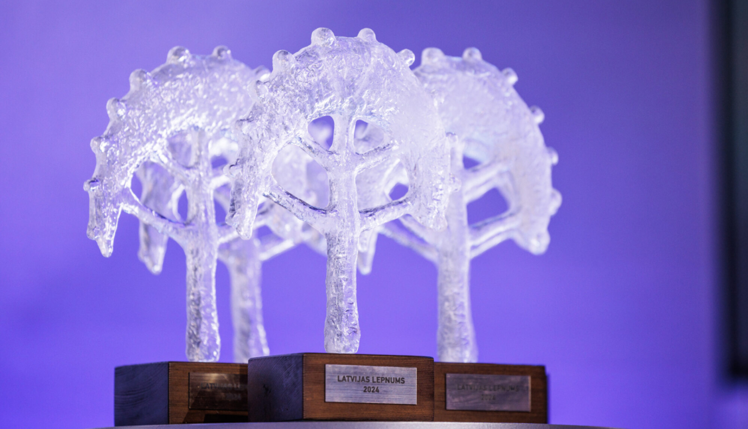 Apbalvojumi koka formā uz violeta fona