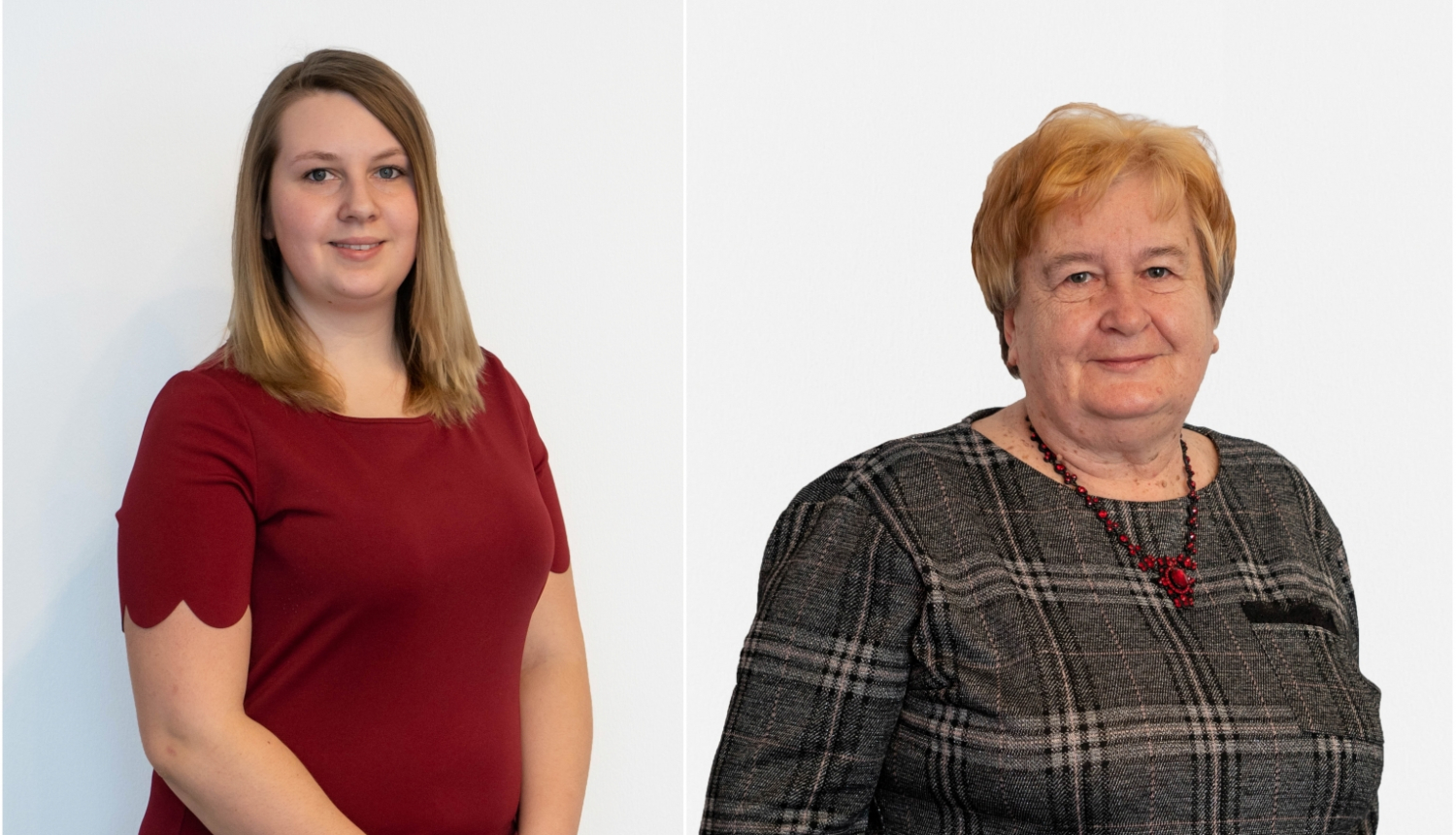 Sieviete ar gaiši brūniem matiem sarkanā kleitā un sieviete ar gaišiem matiem pelēkā kleitā