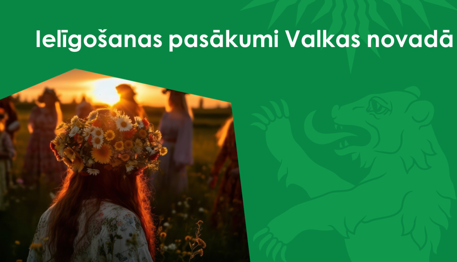 Zaļs baneris un bilde ar meiteni ar puķu vainagu