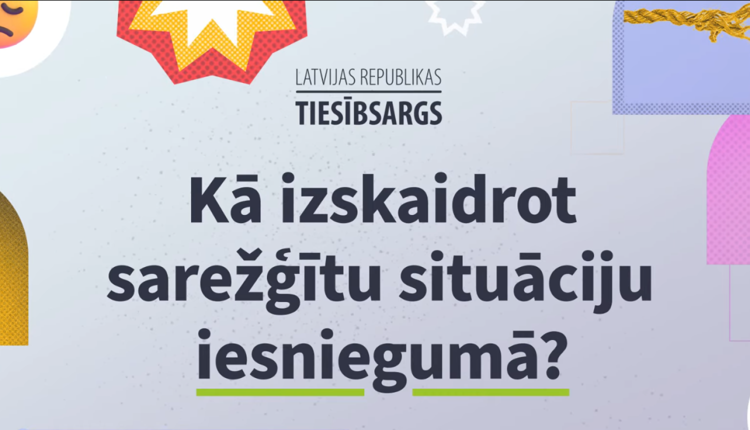 Pelēka baneris ar tekstu un dažādām krāsainām grafikām