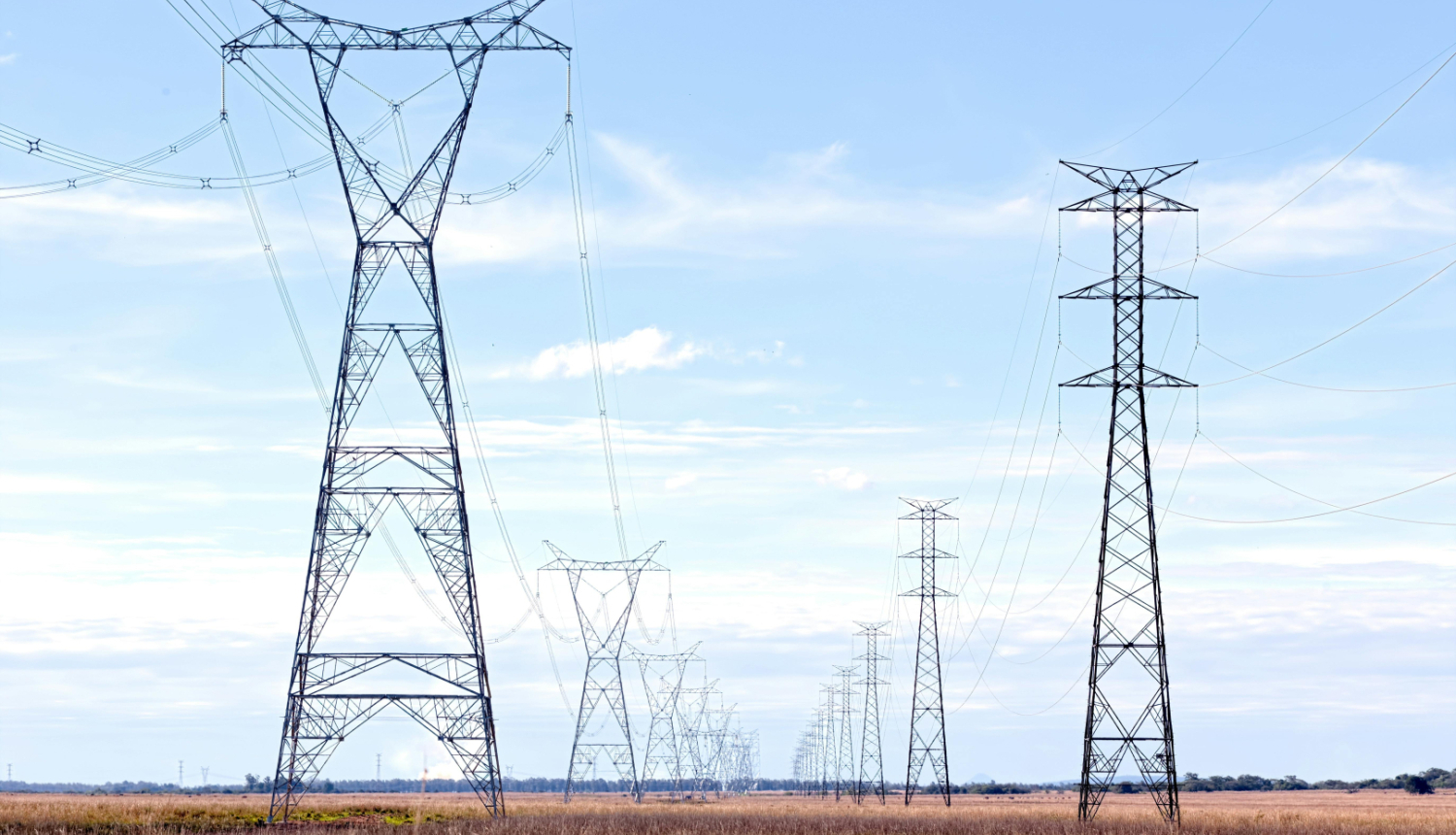 Plaša, atklāta ainava zem skaidrām zilām debesīm, kas izraibinātas ar augstām, metāliskām elektropārvades līnijām un piloniem, kas stiepjas tālumā. Priekšplānā ir zeltains zāles lauks.