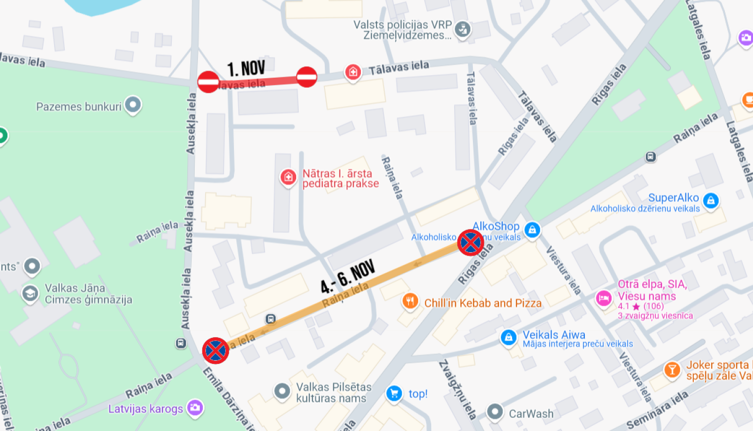 Valkas pilsētas karte ar iezīmētiem ceļa posmiem