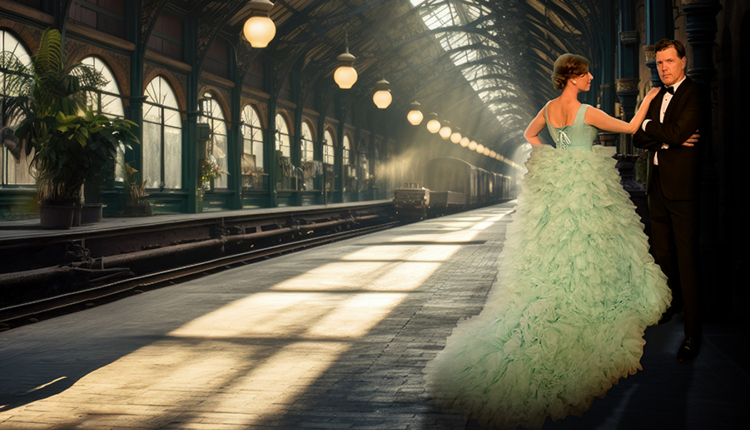 Sieviete greznā zaļā vakarkleitā un vīrietis smokingā uz vilcienu stacijas perona