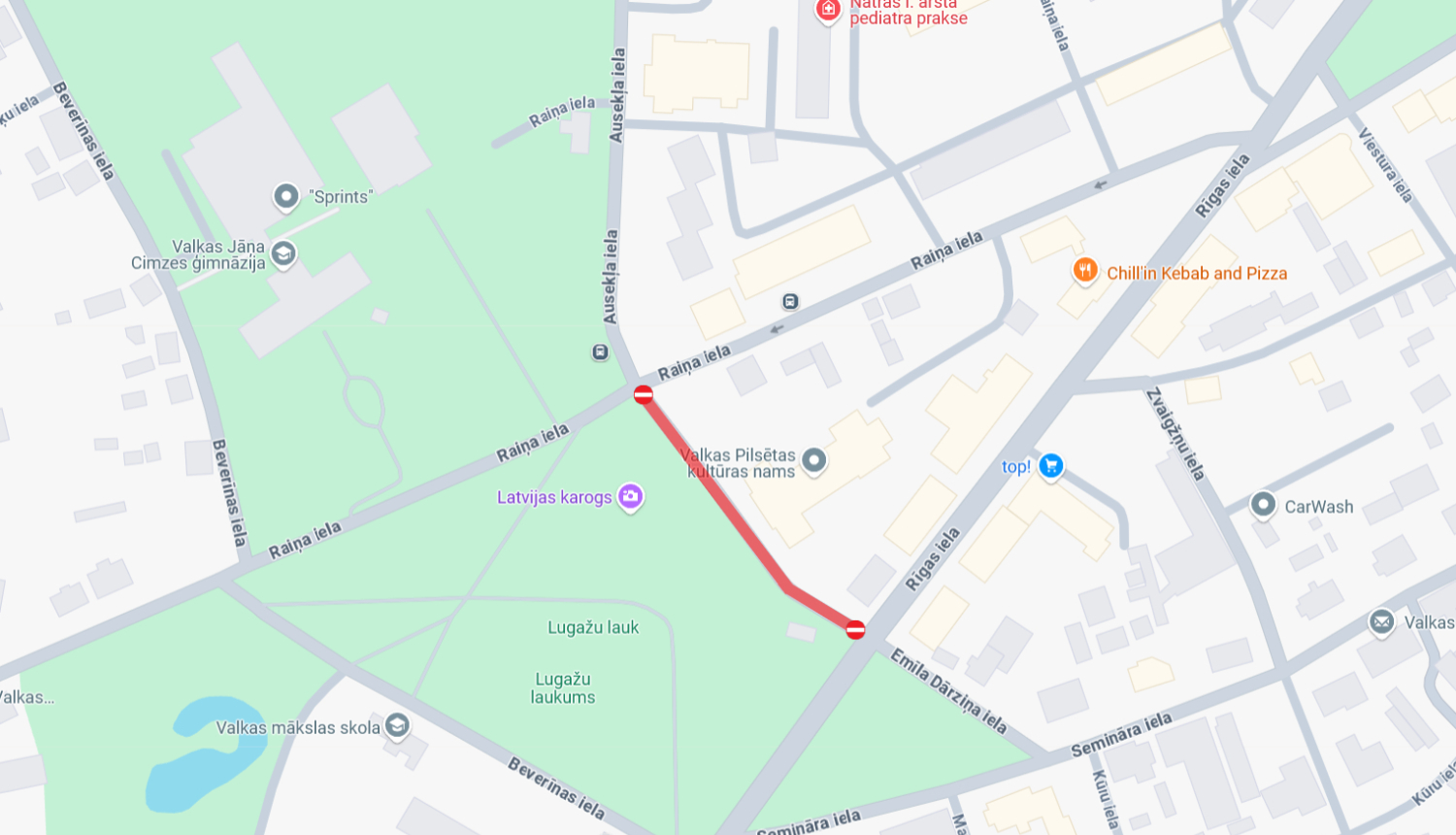 Karte ar iezīmētu slēgto ceļa posmu