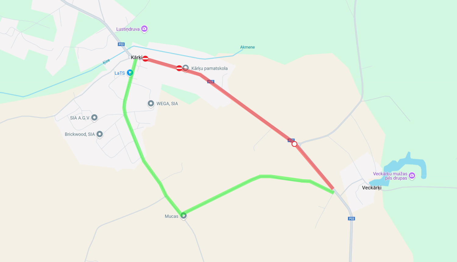 Karte ar iezīmētiem ceļu posmiem