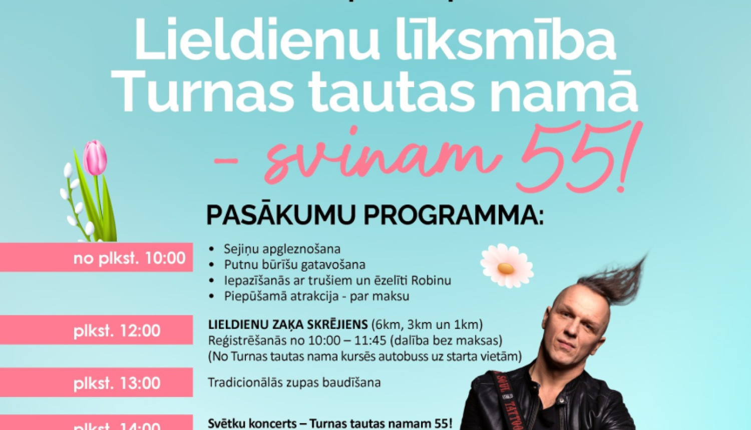 Afiša ar rokmūziķi un krāsainām Lieldienu olām ar baltu zaķīti