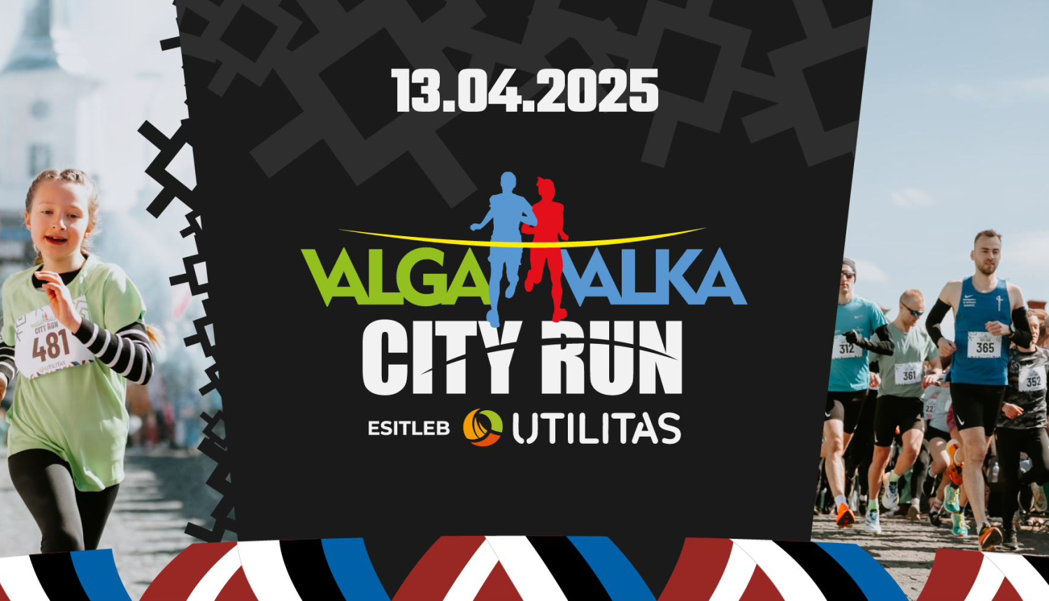 Dinamiska pilsētas maratona ilustrācija, kurā piedalās daudzveidīga visu vecumu skrējēju grupa. Priekšplānā redzama jauna meitene ar apņēmīgu sejas izteiksmi. Fons ir piepildīts ar citiem dalībniekiem.