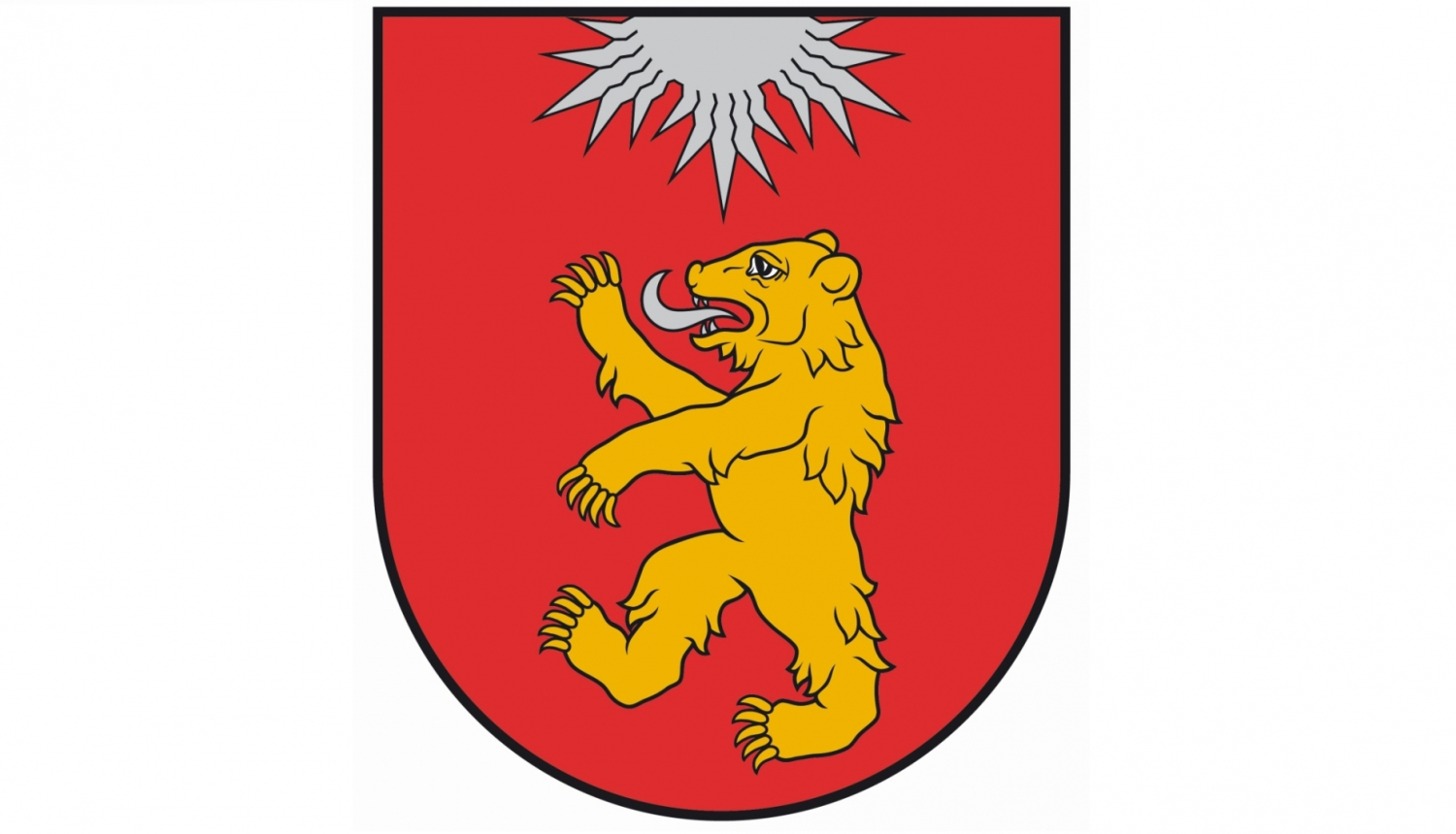 Valkas novada ģērbonis - Sarkanā laukā uzslējies zelta lācis ar sudraba mēli, no vairoga augšējās malas iznākoša sudraba saule ar trim lauzītu piecu staru kūļiem.