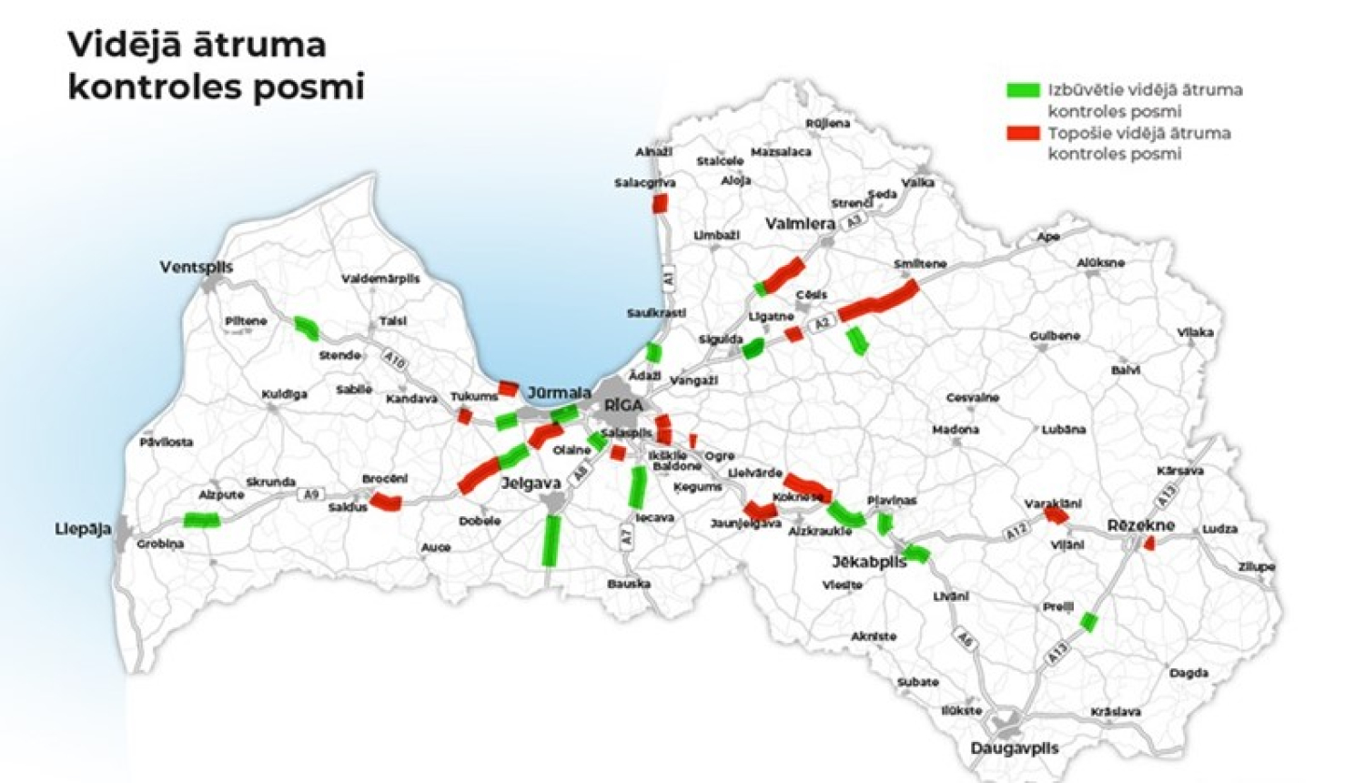 Latvijas karte ar iezīmētiem vidējā ātruma kontroles ceļa posmiem