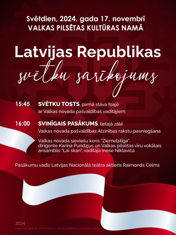 Afiša tumši sarkanā krāsā ar latviešu tradicionālo zīmi un sakranbaltsarkano karogu