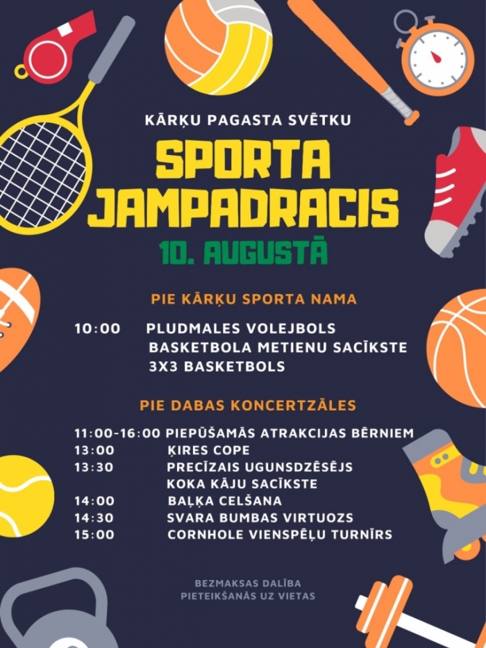 Afiša ar dažādu sporta veidu inventāru (raketes, bumbas, svari)