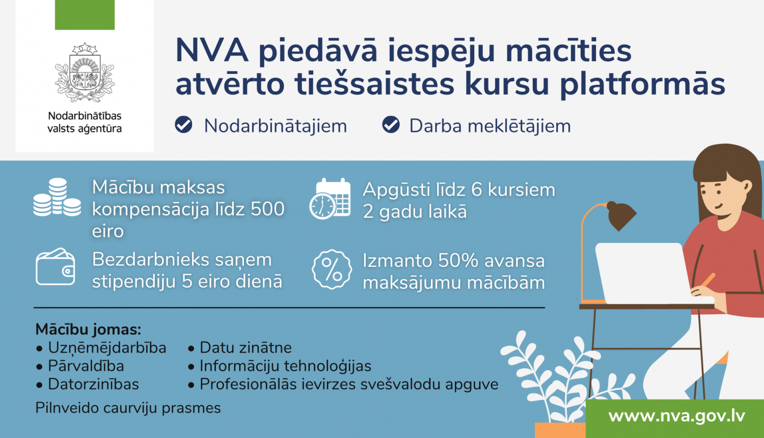 Lieliska iespēja darba meklētājiem un nodarbinātajiem - NVA turpina pieteikumu pieņemšanu mācībām atvērto tiešsaistes kursu platformās