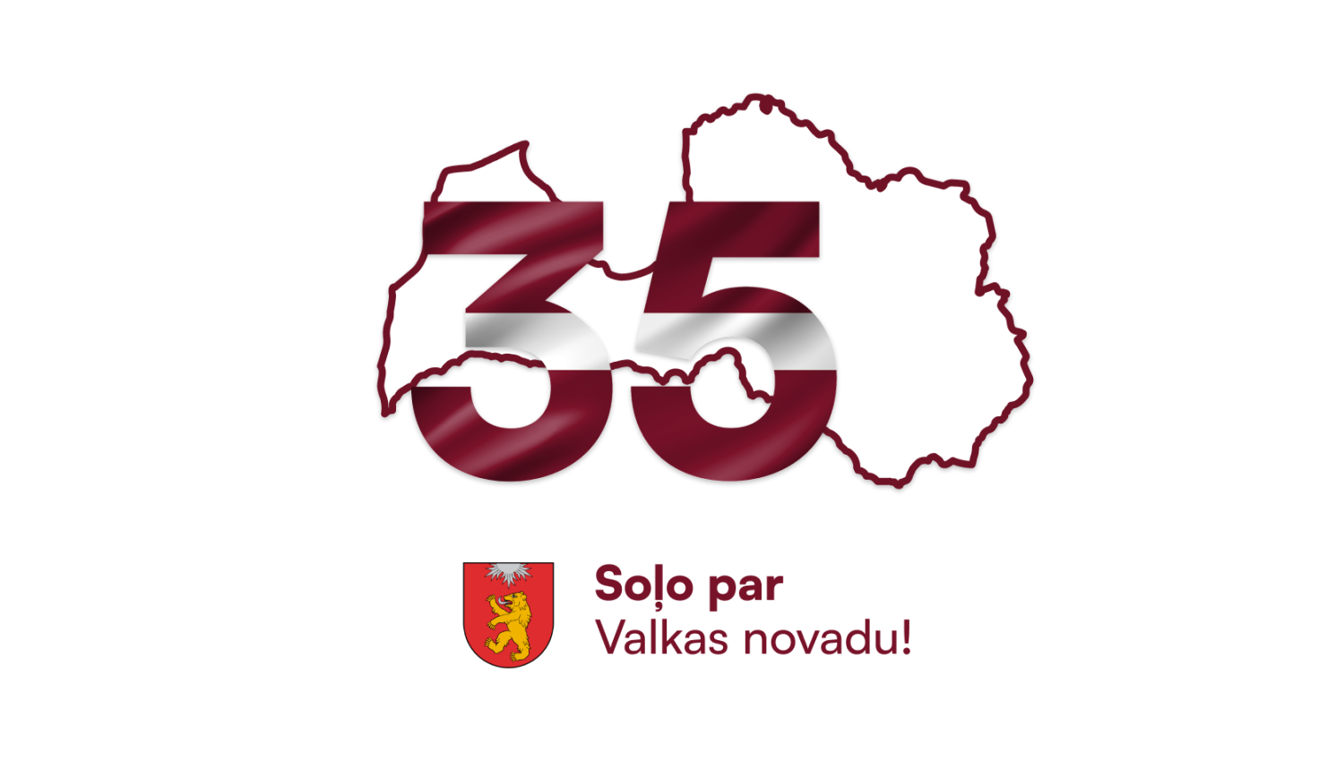 Latvijas valsts kontūra un lieli skaitļi "35" sarkanbaltsarkanā krāsā