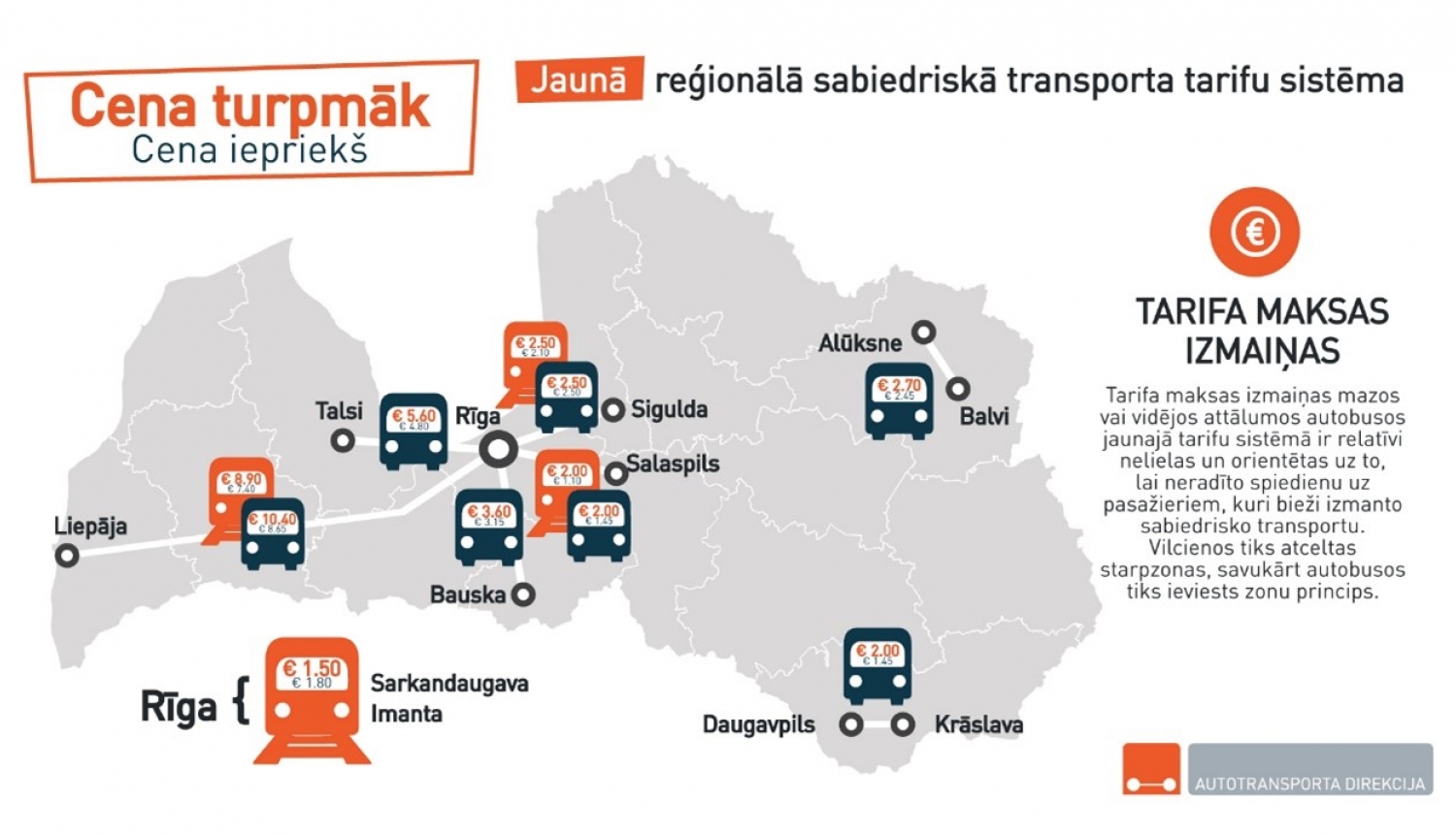 Latvijas karte ar maršrutiem, ko skars tarifa maksas izmaiņas